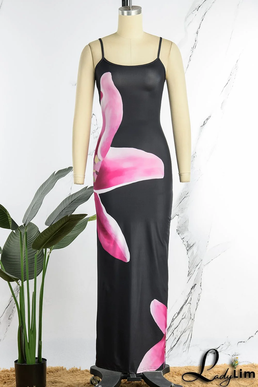 Pink Sexy Print Patchwork Spaghetti Strap One Step Skirt Dresses