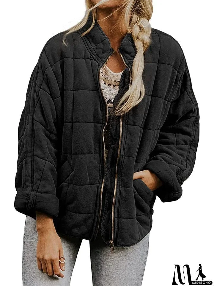 MidiSono - Women's Casual Loose Plaid Pattern Solid Color Long Sleeve Coat