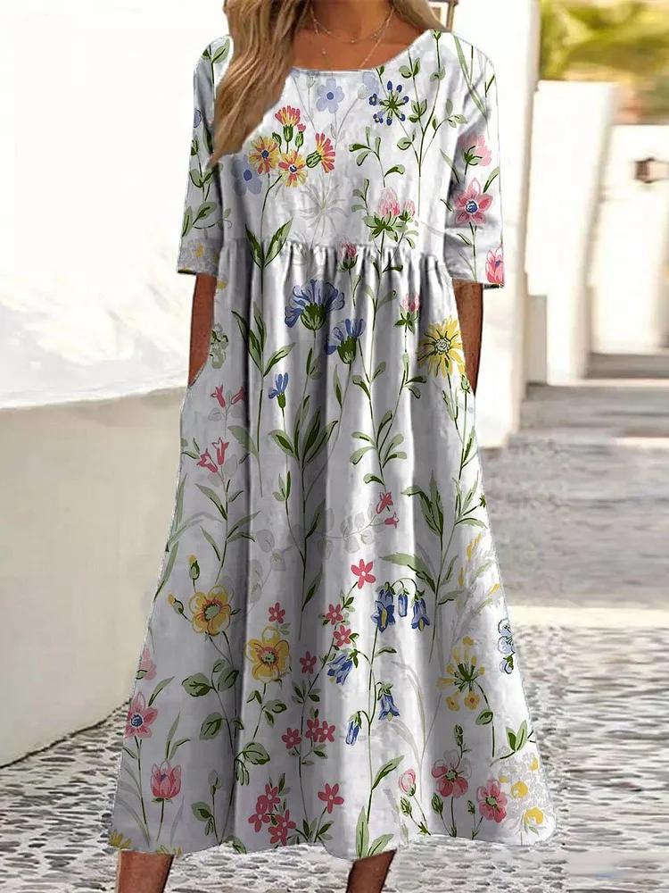 Women's Vintage Floral Art Print Pocket Cotton Dress