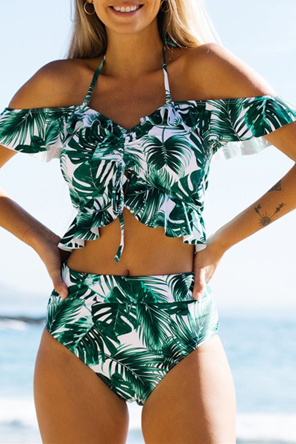 Printed Ruffled Drawstring Off-shoulder Bikini