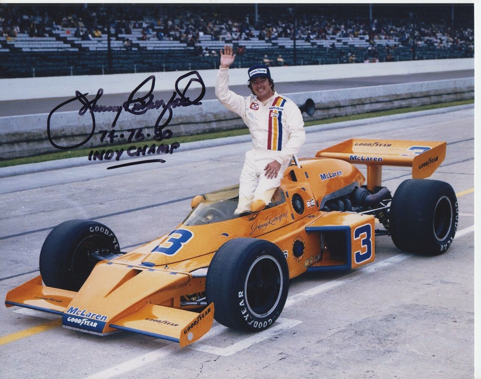 Johnny Rutherford W 74 76 80 Indy Champ #0 8x10 Signed Photo Poster painting w/ COA -