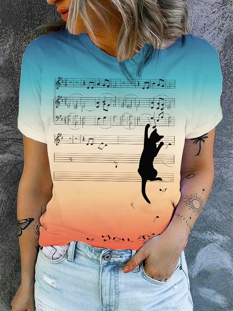 Music And Cat Retro Color Print Short Sleeve Casual T-Shirt