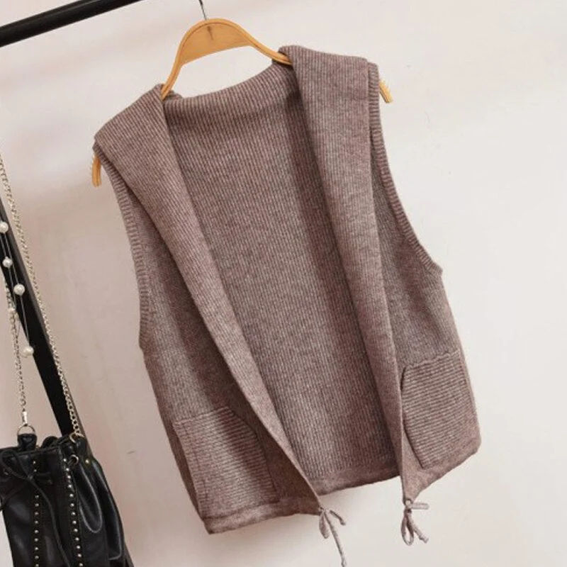 Knitted Sweater Vest Cardigan Shrugs Top Hooded Short Sleeveless Shrug Outerwear Autumn Fall Sweaters Women Casual Female Tops