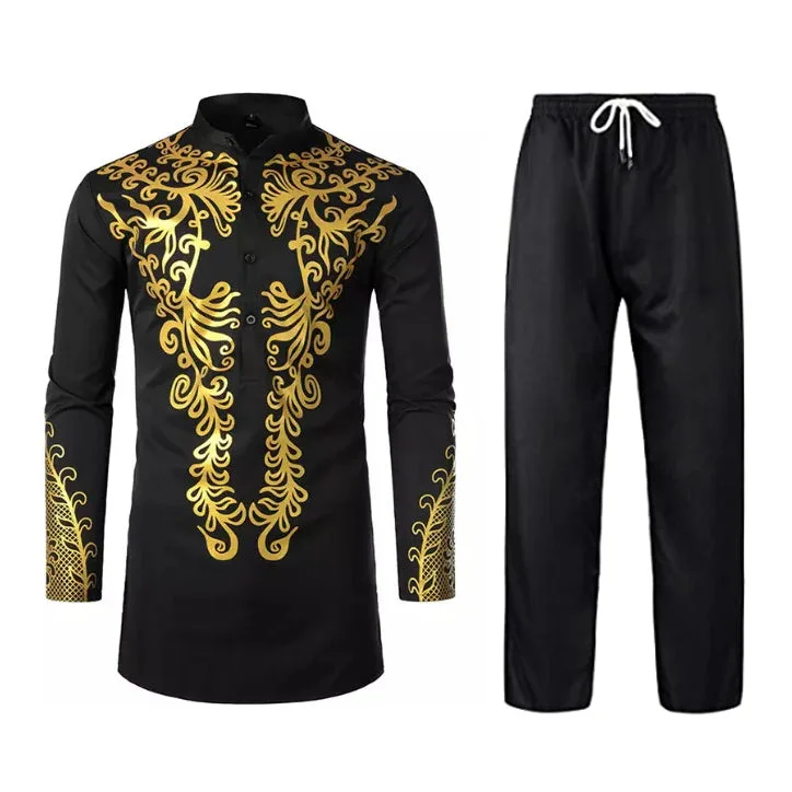 Geometric print black gold high collar luxury casual men's robe two pieces