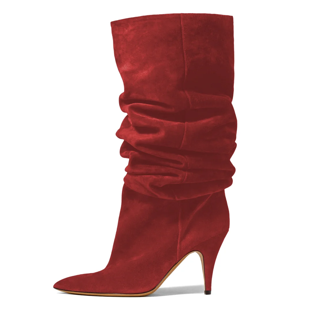 Faux Suede Pointed Toe Silhouette Boots with Stiletto Heel in Maroon