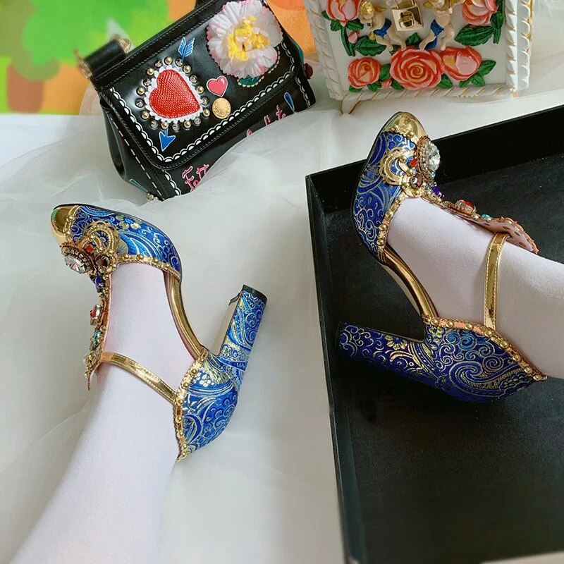 VCSHOES Flower Embroidery Jacquard Women Pumps Chunky Heel Beading T-strap Mary Janes Shoes Women