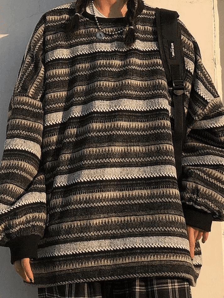 Brownm Striped Pullover Knit Sweater