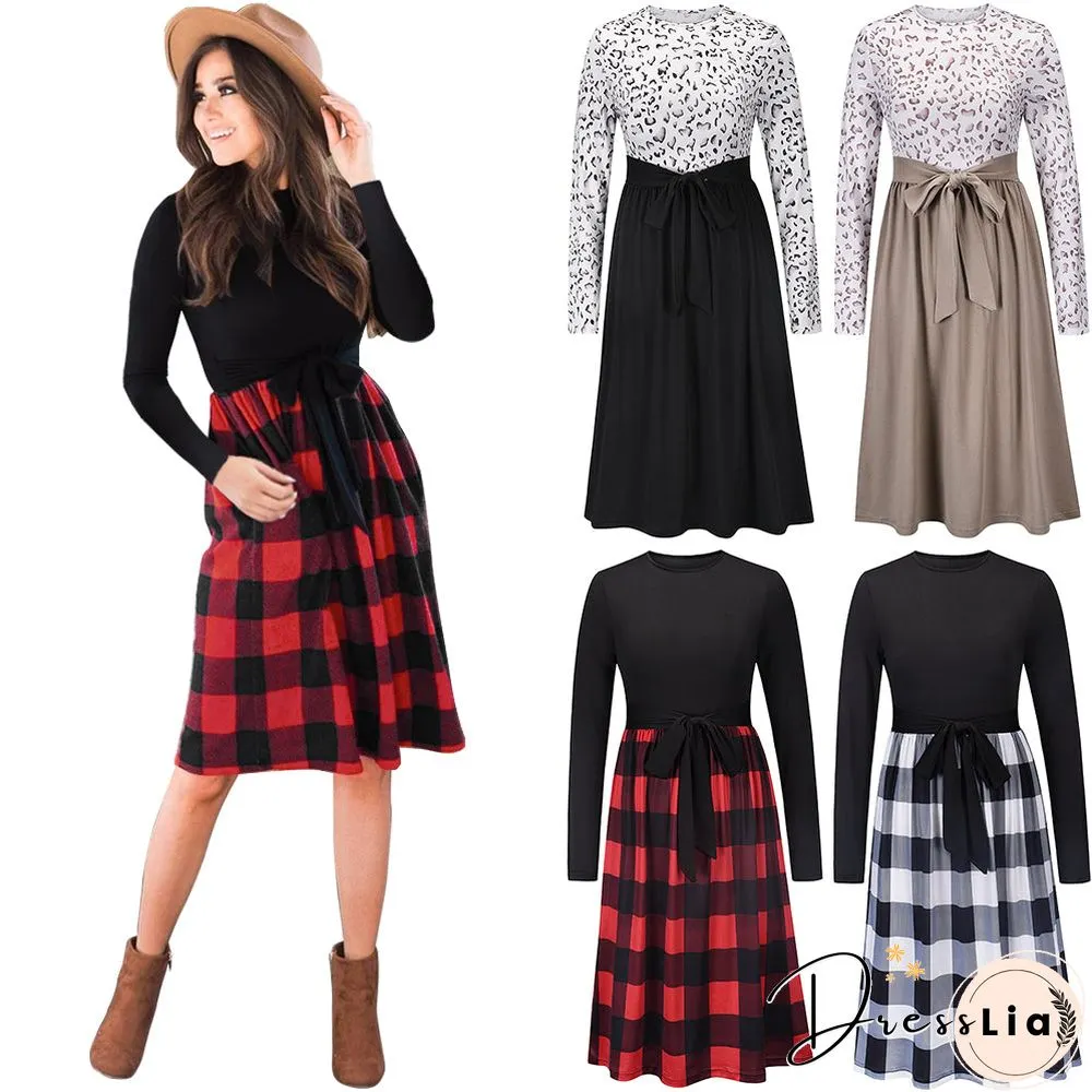 Crew Neck Long Sleeve Plaid Botton Midi Dress
