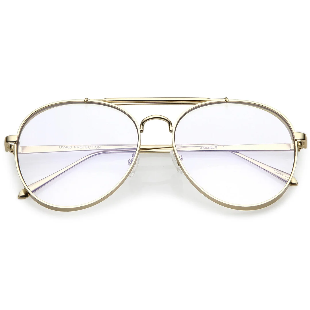 Oversize Metal Aviator Eyeglasses With Triple Crossbar Side Cover Clear Flat Lens 60mm