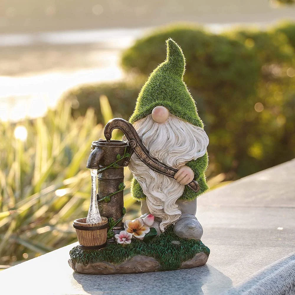 Solar Light Flocked Garden Press Water Gnome