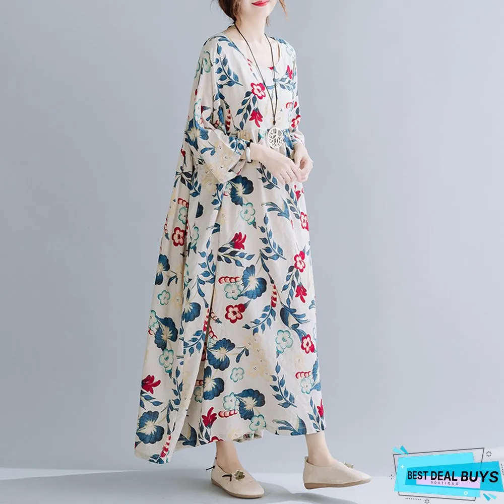 Large Loose Stitched Cotton Linen Print Short Sleeve Dress
