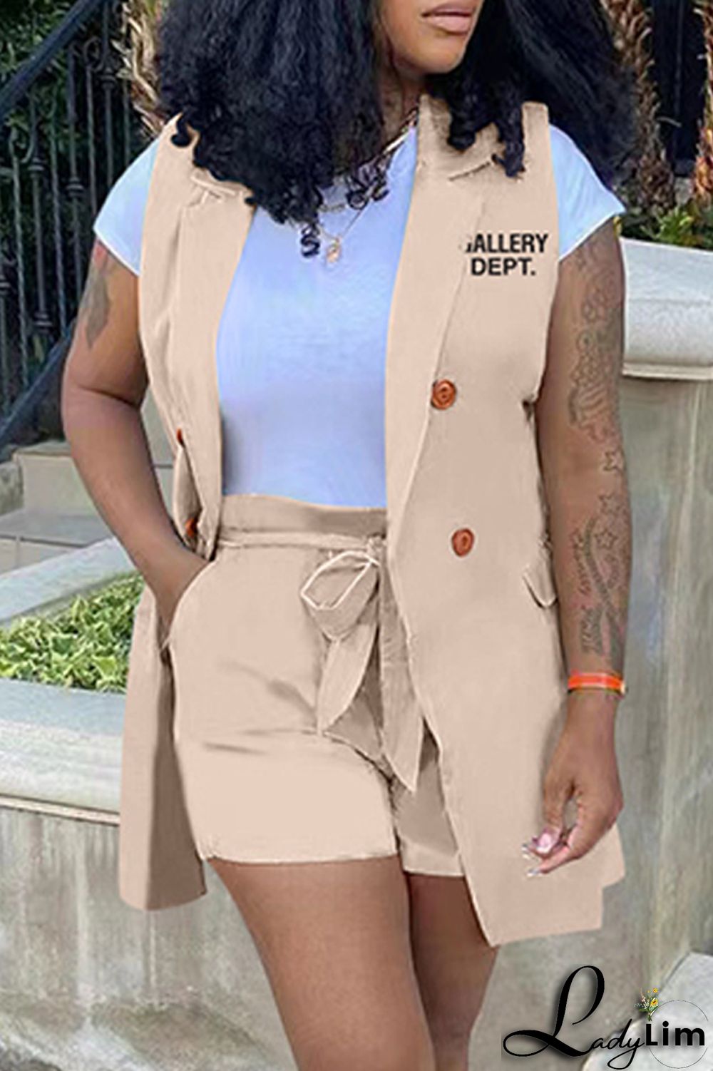 Pink Casual Letter Print Cardigan Turndown Collar Sleeveless Two Pieces (Without T-shirt)