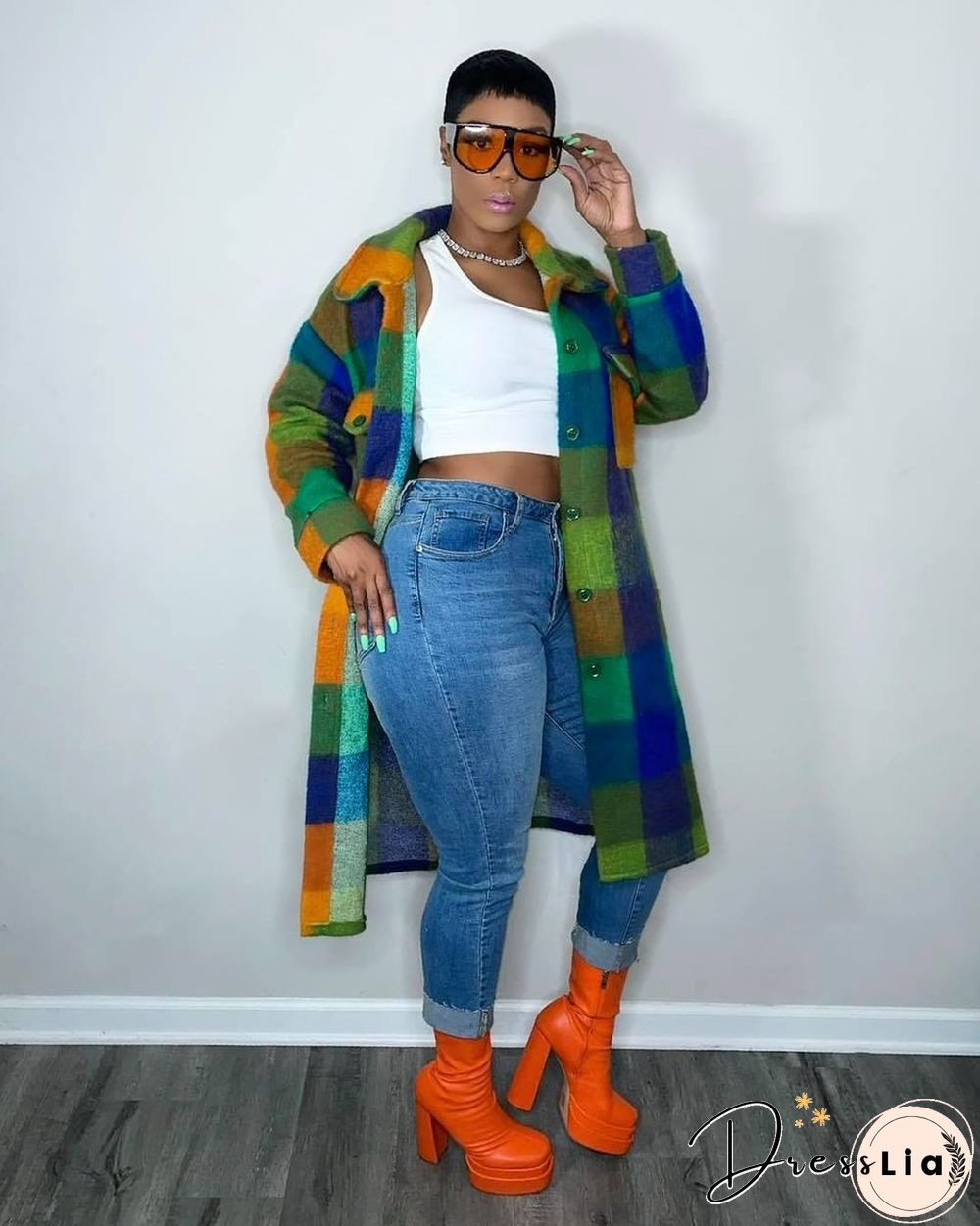 Plaid Lapel Single-breasted Woolen Long Coat