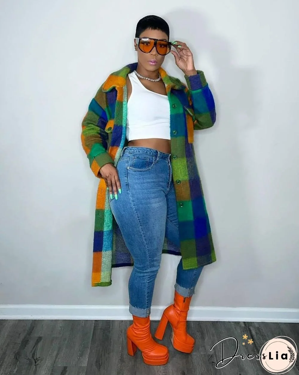 Plaid Lapel Single-breasted Woolen Long Coat