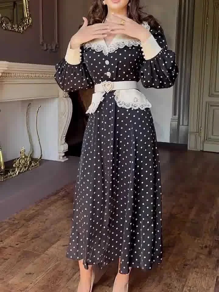 Elegant Lace Baby Doll Collar Slim Fit Polka Dot Print Dress
