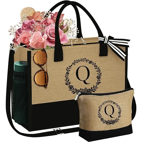Christmas Gifts for Women Monogram Jute Tote Bag & Makeup Bag Gifts Mom Friend Bridesmaid Her Personalized Birthday