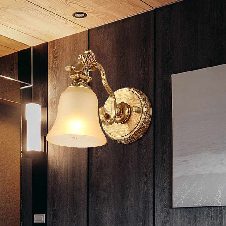 White Frosted Glass Bell Wall Mount Lamp Traditional 1/2/3 Heads Bathroom Vanity Lighting Fixture in Brass