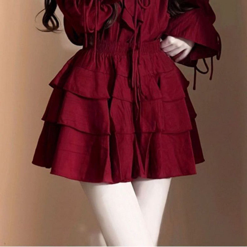 Aiertu leapord halloween outfit French Style White Red Lace V-neck Ruffled Suit Women's Spring High Waist Cake Short Skirt Temperament Two-Piece Set aiertu