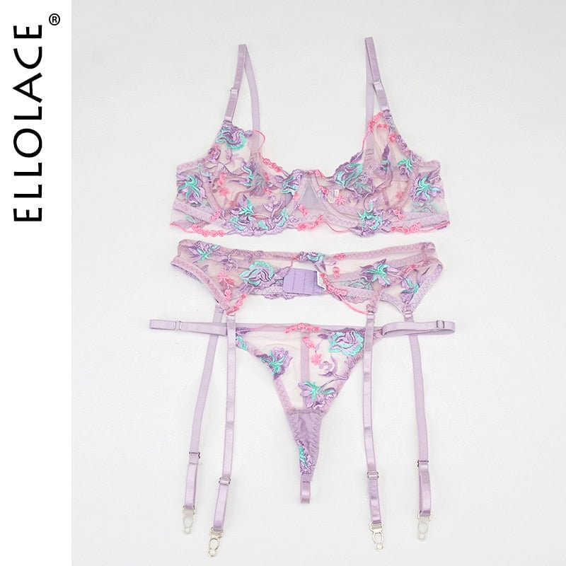 Ellolace Floral Lingerie Embroidery Transparent Women's Underwear Unlined Bra Underwire Sexy Lace Erotic Sets with Garters