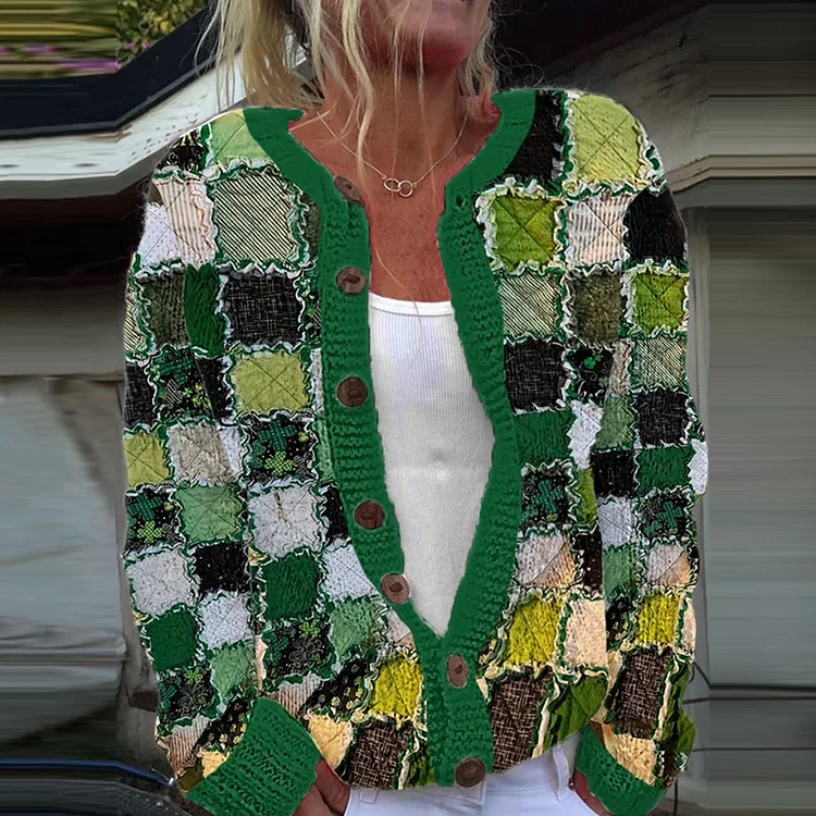 VChics Women's St. Patrick's Day Clover Print Color Block Knitted Cardigan
