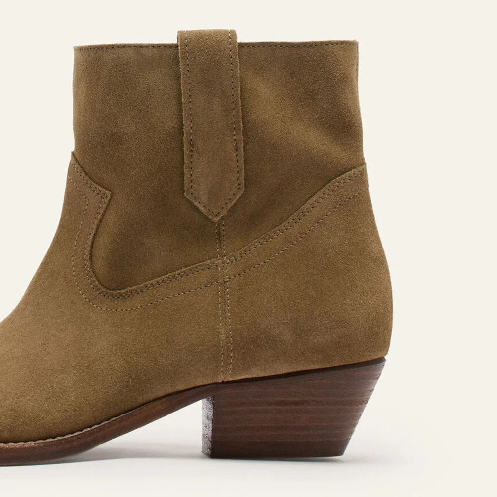 Brown Vegan Suede Pointed Toe Chunky Heel Ankle Boots for Women