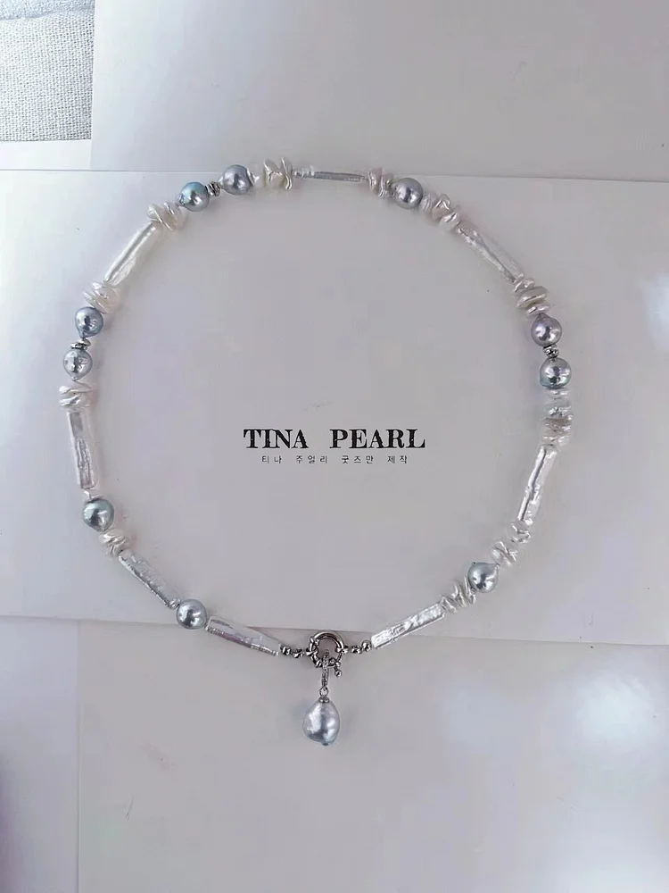 TINA Jewelry Fresh water abnormity + Sea water so much hemp elegant silver necklace