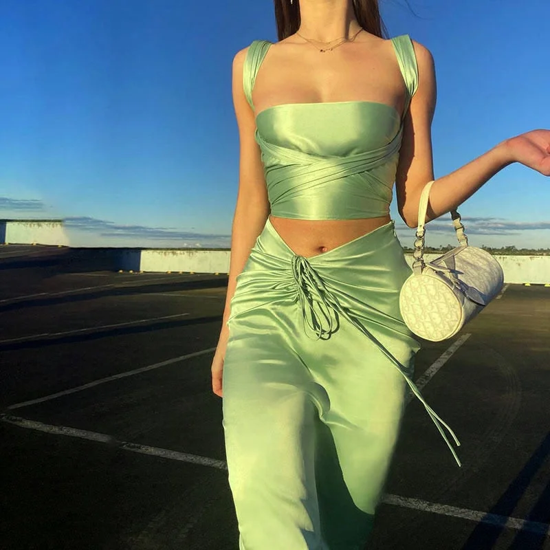 Sexy Backless Lace Up Two Piece Set Women Green Sleeveless Satin Two Piece Set Women Spring Streetwear Slim Ruched Sets