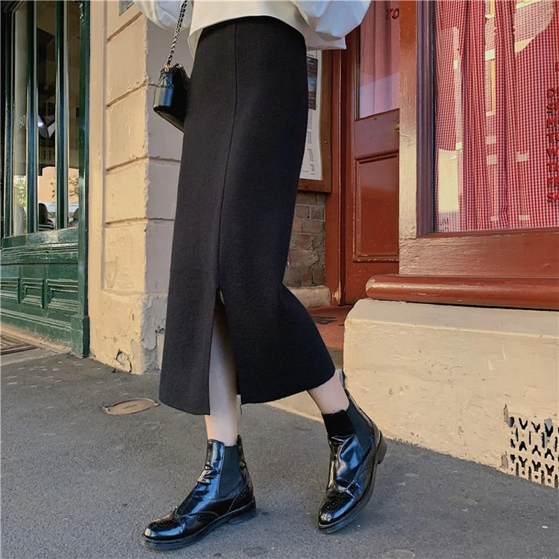 Colorful Women Knitted Skirt Elastic Waist Female Sweater Skirts A-line Split Lady Skirt 2019 Autumn Winter Midi Skirts Femme