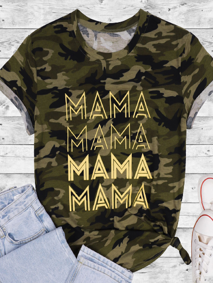 Vintage MAMA Camo Printed Plus Size Short Sleeves Crew Neck Casual Tops