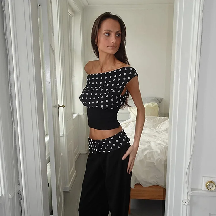 Sexy Patchwork Backless Lace-up Polka Dots Chiffon T-shirt