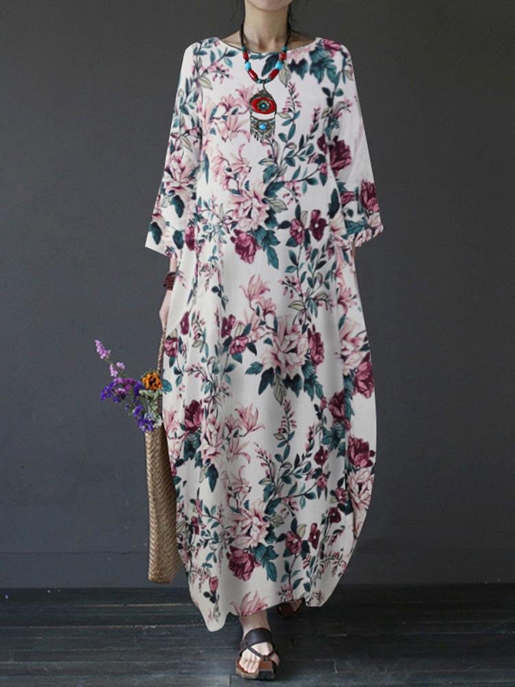 Casual Floral Print Cocoon 3/4 Sleeve Maxi Dress
