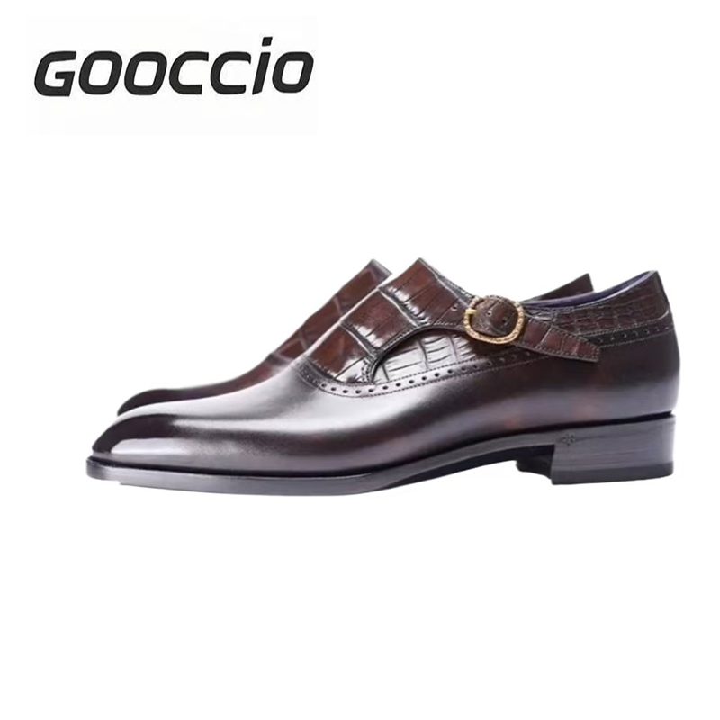 BT186 Museum Calf-Skin Piecing Crocodile Leather Single Monk Shoes For Men  GOOCCIO  