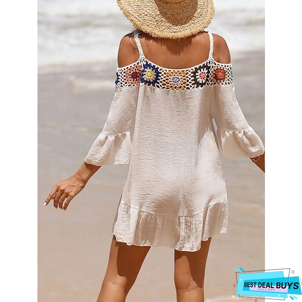 Women's Cover Up Beach Dress Beach Wear Mini Dress Ruffle Backless Ethnic Casual Floral Spaghetti Strap 3/4 Length Sleeve Loose Fit Outdoor Daily Black White 2023 Spring Summer One Size