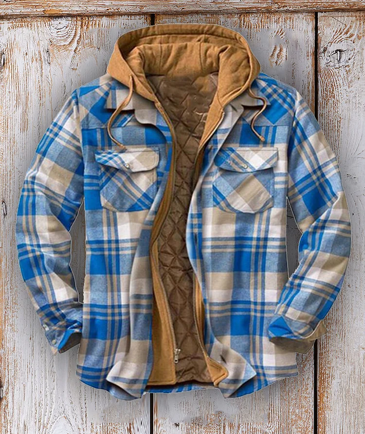 Men's thick cotton-padded jacket for autumn and winter, plaid long-sleeved loose-fitting hooded jacket