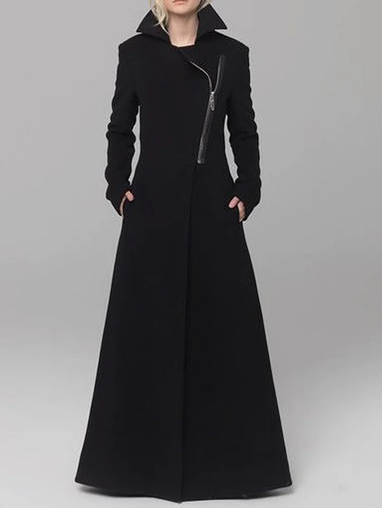 Elegant Turndown Collar Solid Asymmetric Zipper Maxi Dress