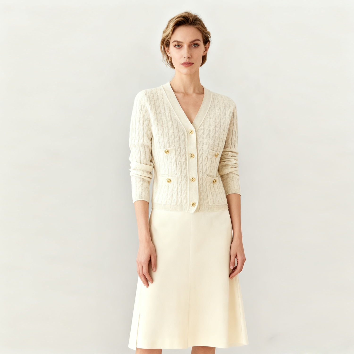 Women's Fitted V-Neck Cable Knit Cashmere Sweater REAL SILK LIFE