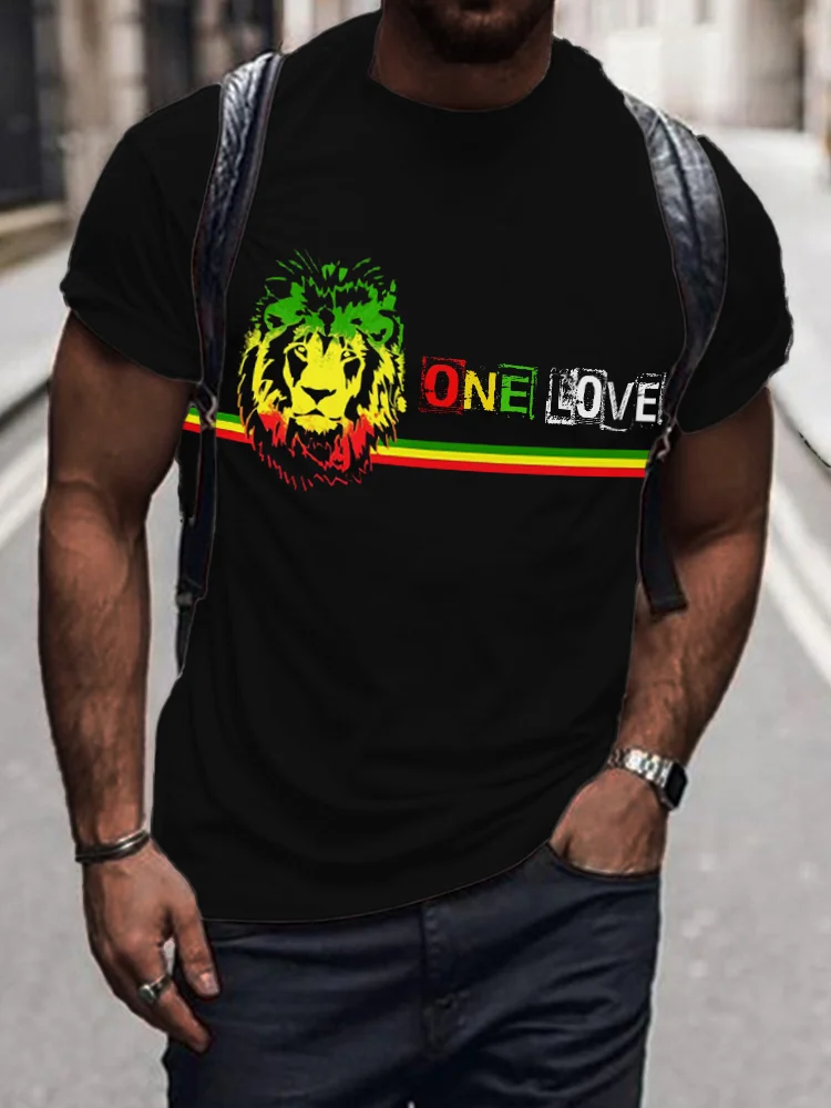 Men's Reggae Lover One Love Rasta Lion Stripe T Shirt