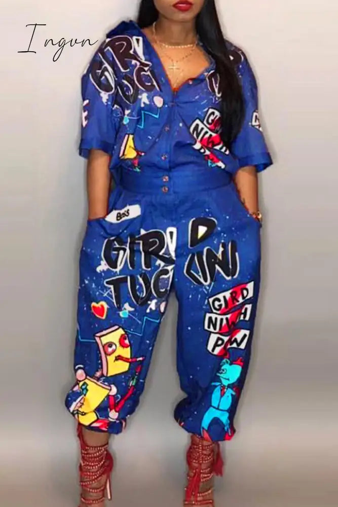 Ingvn - Blue Casual Street Print Patchwork Pocket Buckle Turndown Collar Plus Size Jumpsuits / L