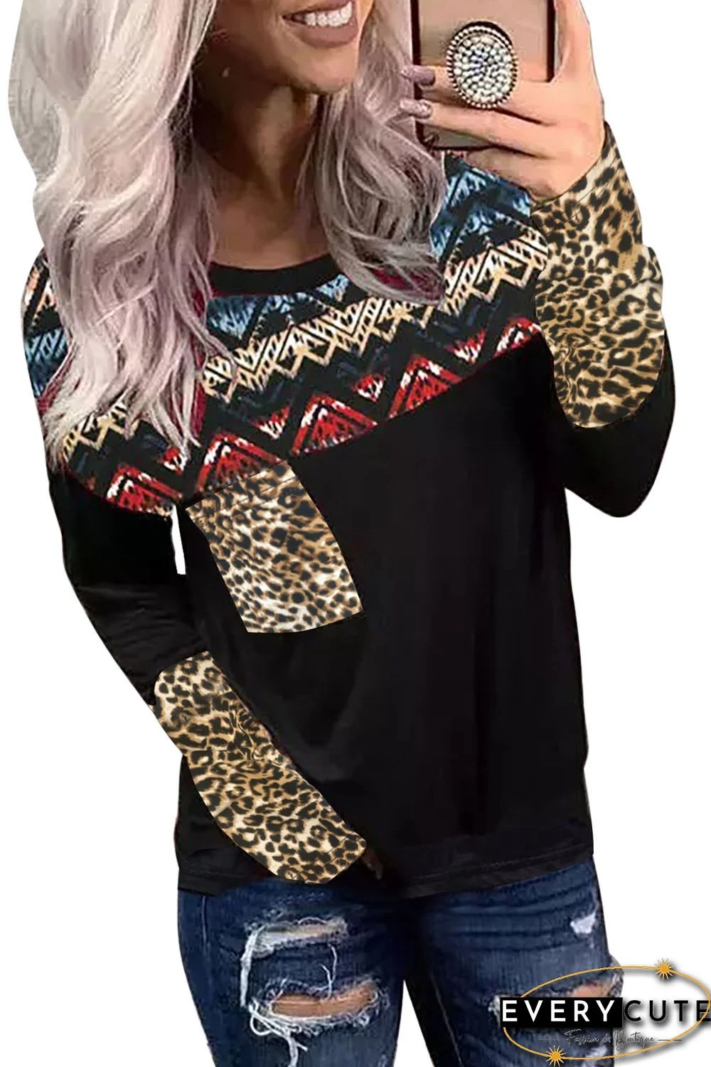 Leopard Geometric Splicing Pocket Long Sleeve Shirt