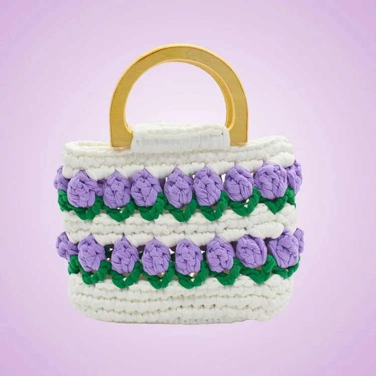 Lulusnow Handmade White Purple Tulip Flower Crochet Bag