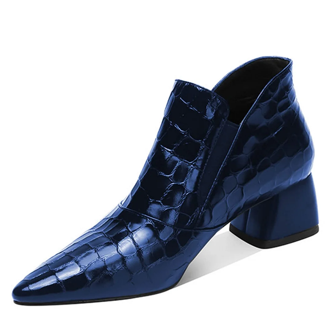 Dark Blue Croc-Embossed Vegan Leather Back-Zip Block Heel Ankle Boots