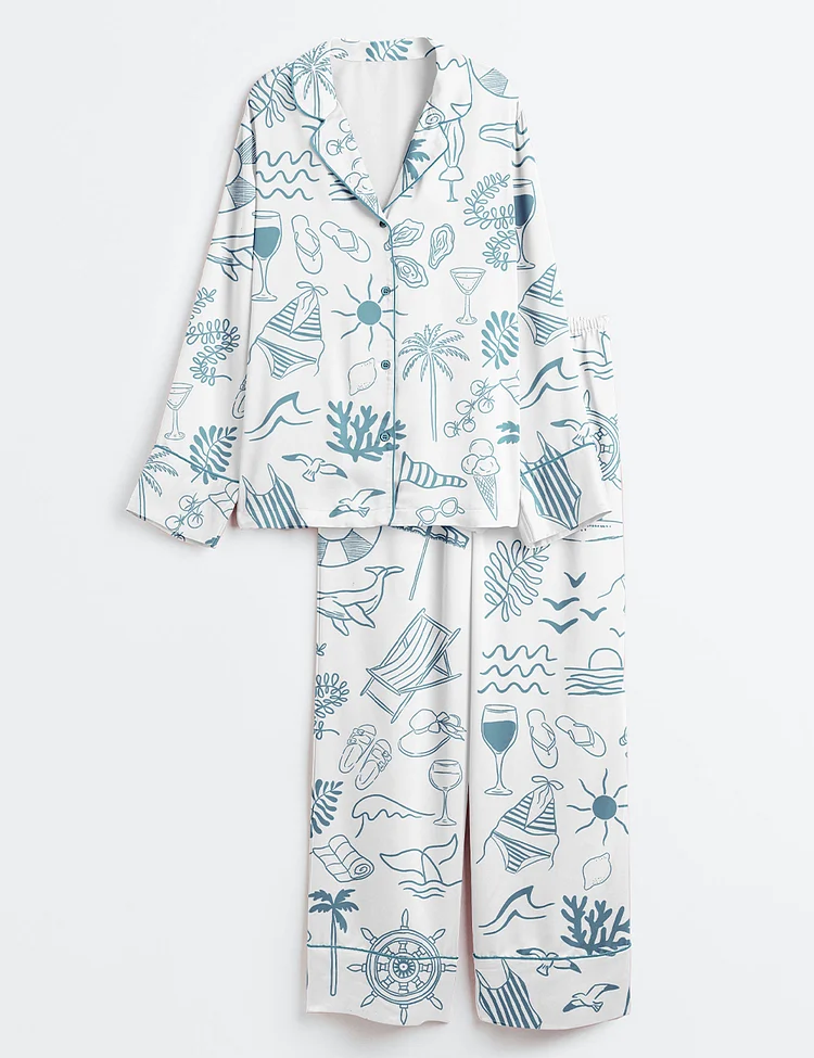 Women&rsquo;s Hand Drawn Summer Beach Ocean Coastal Summer Nautical Print Long Sleeve Satin Pajama Set