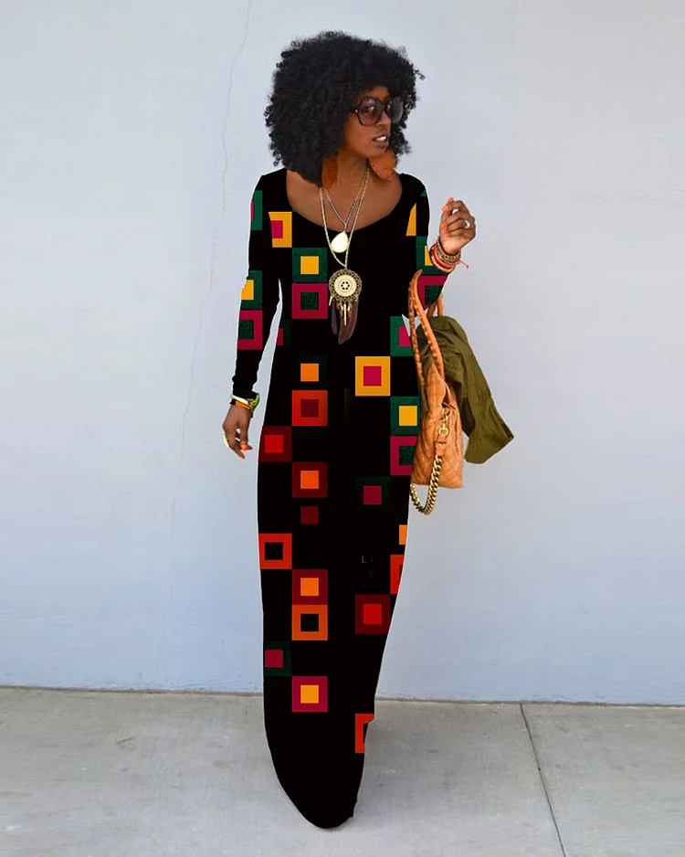 Black History Month Colorblock Squares Crew Neck Long Sleeve Dress