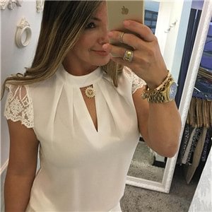 Mongw Summer Women Chiffon Blouses  Stand Collar Lace Short Sleeves Elegant Lady's Shirts Lace Patchwork Blouse Sexy Shirts