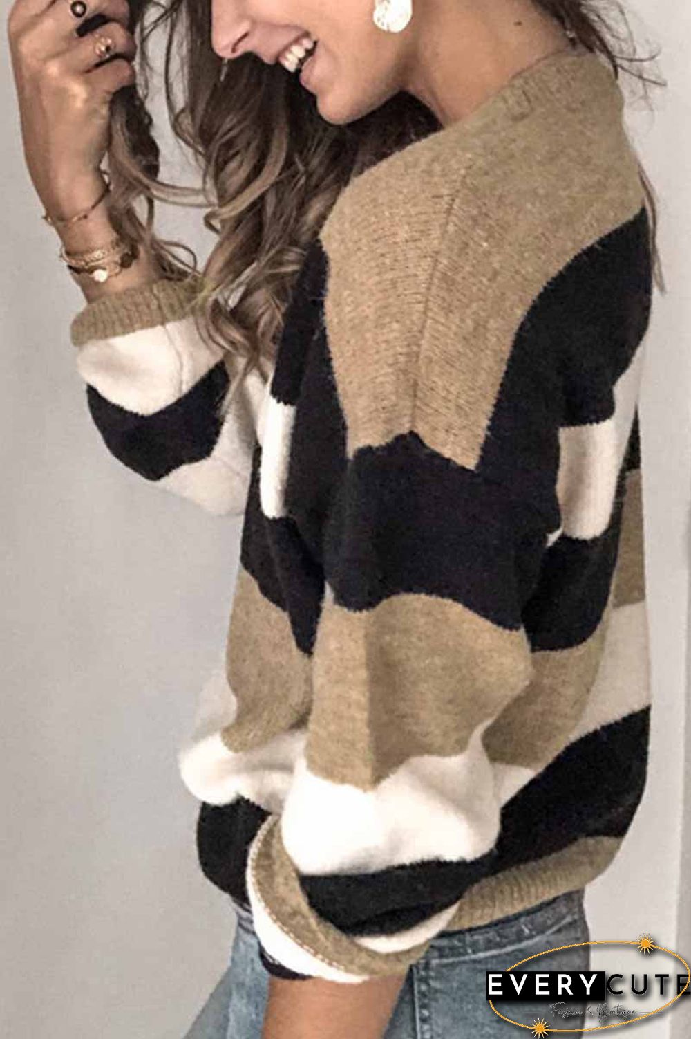 Striped O-Neck Contrast Sweater(3 Colors)