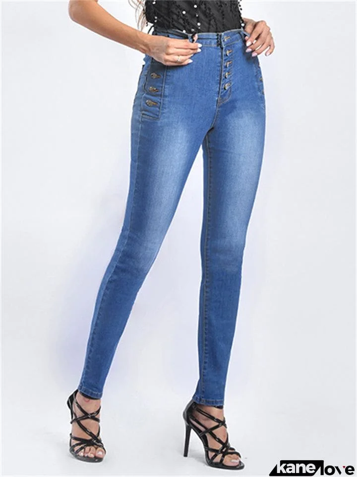 Women's Fashion Slim Fit Buttons Washed Effect Daily Denim Jeans