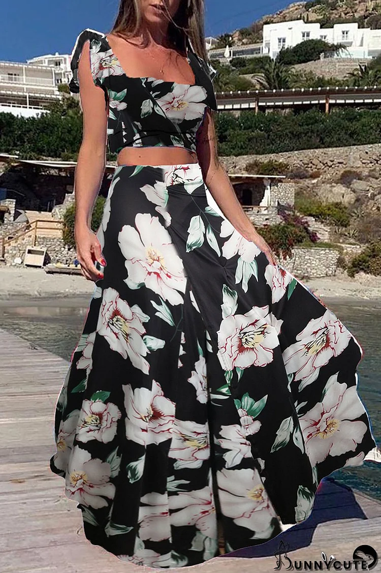 Black And White Sweet Print Patchwork Square Collar Sleeveless Two Pieces