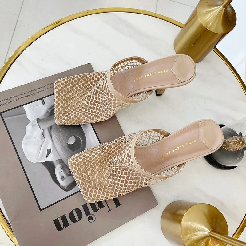 Fujin 9cm Summer Autumn Sexy Mesh Pumps Sandals Female Square Toe High Heel Chain Stiletto Hollow Party Dress Pumps Shoe Sandals
