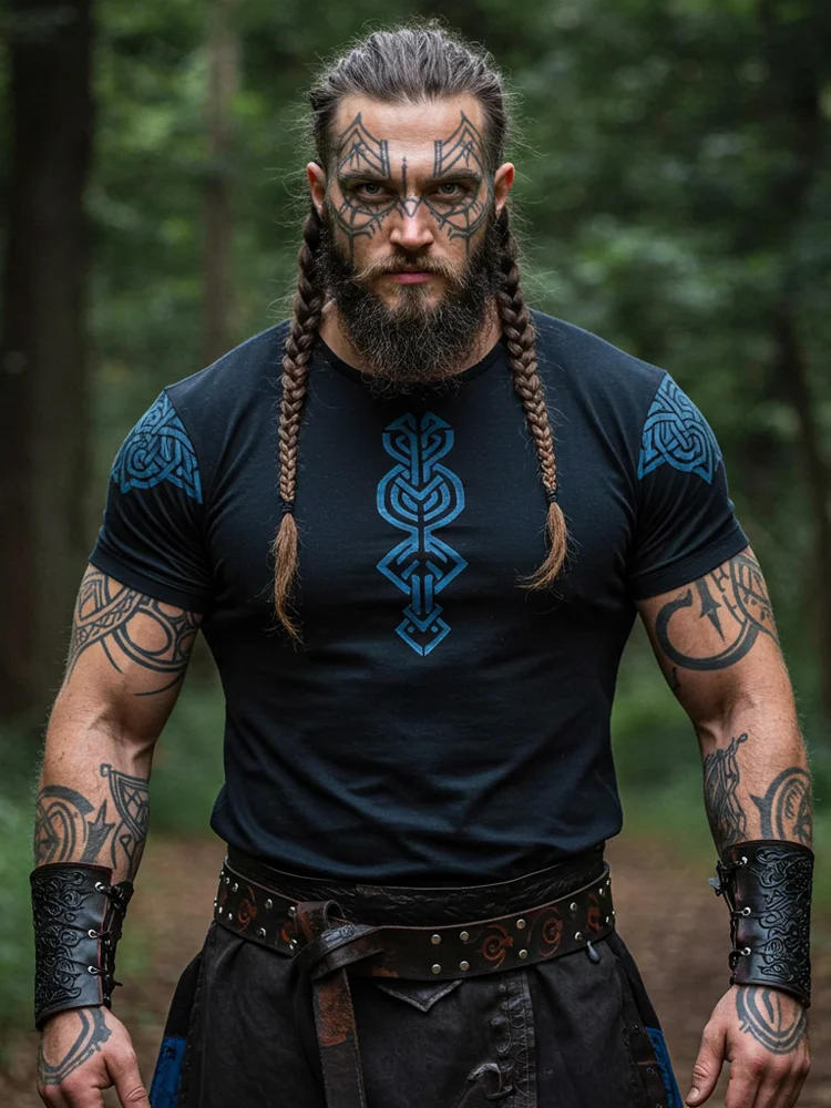 Vintage Viking Rune Print Round Neck Short Sleeve T-shirt