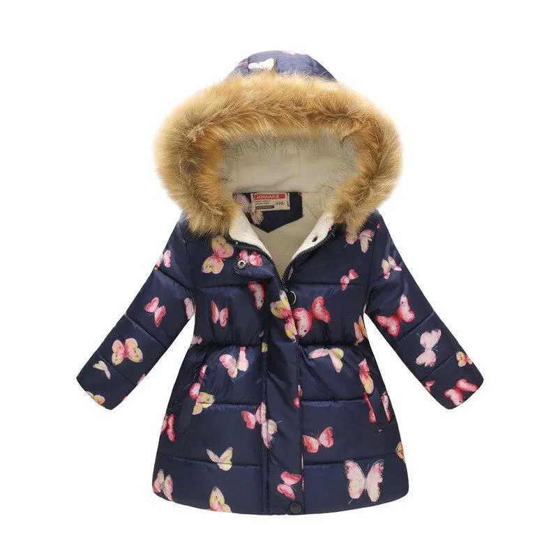 Thicken Winter Girls Jackets Fashion Printed Hooded Outerwear For Kids Internal Plus Velvet Warm Girls Coats Christmas Present
